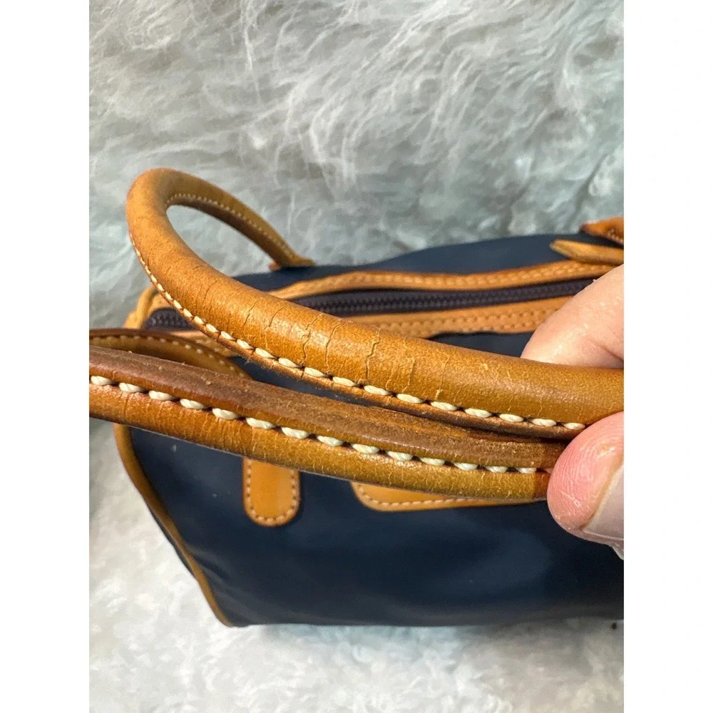 Jon Hart Navy Blue Nylon Barrel Bag Tan Leather Trim‎ Vintage Satchel Handbag